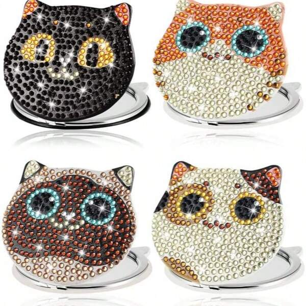1pc DIY Diamond Painting Craft Kit - Cat Series Pattern PU Leather Compact Makeup Mirror, Portable & Convenient For Touchups On The Go, Suitable For Commuting, Shopping, Travel