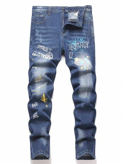 Teen Boys Casual Printed Denim Jeans, All Season