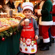 1 套儿童圣诞卡通围裙角色扮演玩具套装，小女孩烘焙体验，男孩厨师烹饪服装，家庭互动，圣诞节礼物 - 彩色 - 查看 7