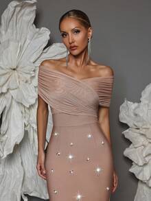 Vestido ajustado con hombros descubiertos y vendaje, hecho a mano con cuentas, sexy y ajustado, con abertura, adecuado para reuniones familiares, fiestas, banquetes y cócteles