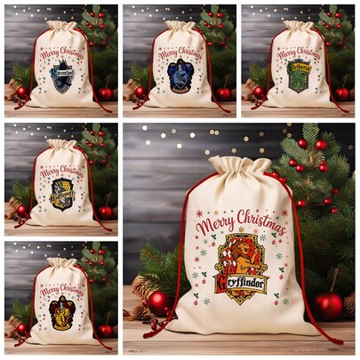 Harry Potter 1pc Harry Potter 4 Hogwarts House Logo Pattern Christmas Drawstring Storage Bag, Large Holiday Gift Packaging Bag, Merry Christmas Drawstring Pouch