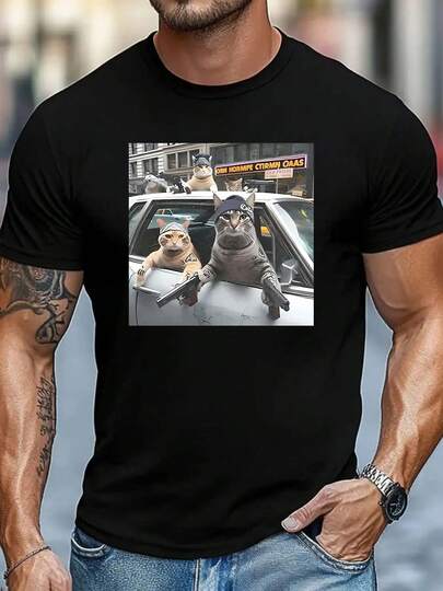 Men's Cat Gang Armed Cat T-Shirt - Funny Mafia Meme Tee With Italian Mobster Cat Design (RICO Not Included) - Black Short Sleeve Round Neck Summer Shirt For Casual Wear & Gifts - Urban Streetwear Novelty Top