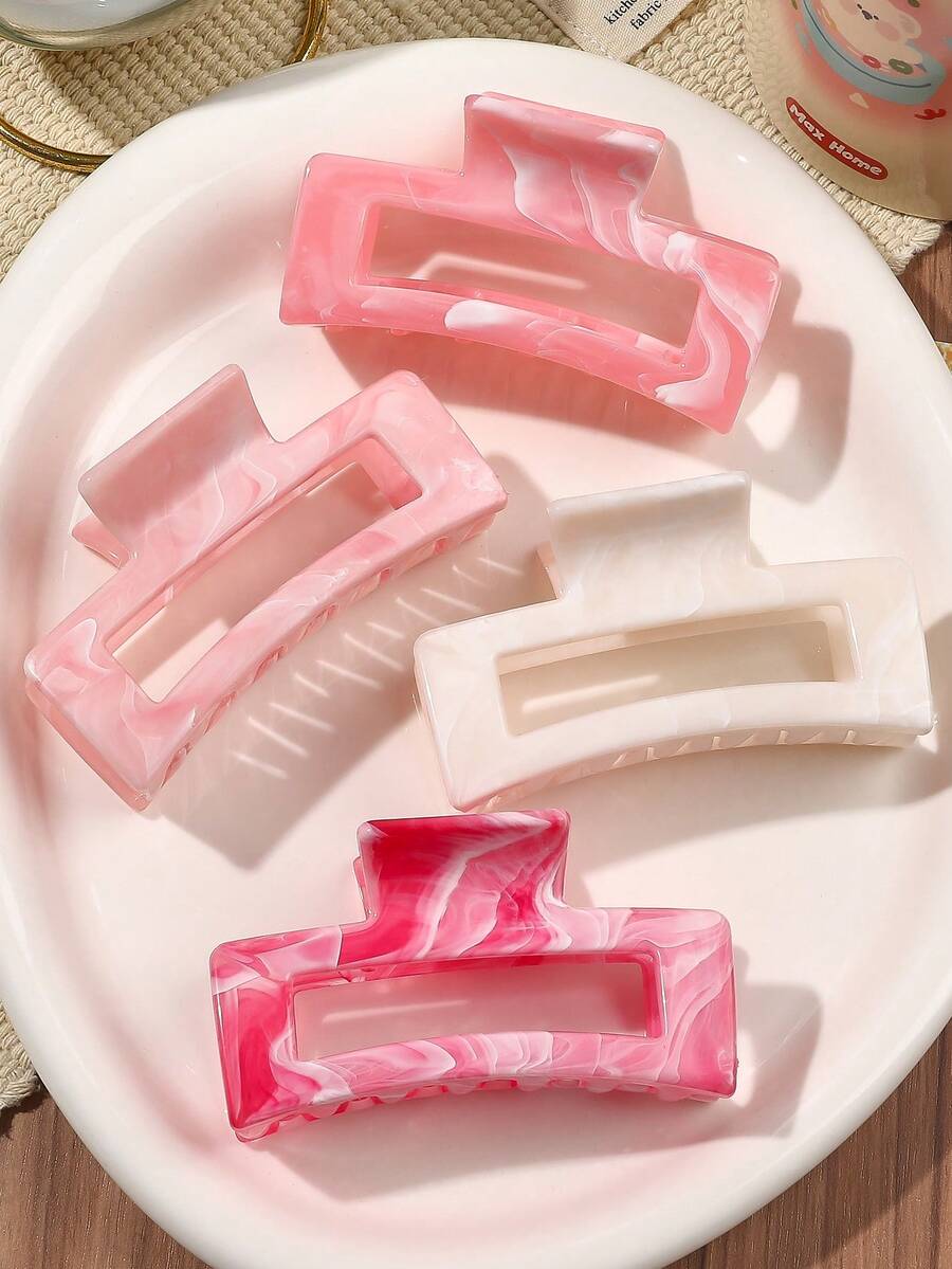 4 件套别致的波西米亚风格粉色大理石纹发夹，光泽简约方形发饰，适合日常佩戴，春夏优雅发夹冬季发夹 - 4件套-大理石紋 - 查看 1