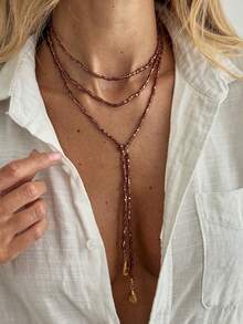 1 件几何串珠不对称圆形吊坠流苏饰物长项链，时尚别致，适合休闲、街头风格、旅行、婚礼、约会、女士生日、节日、多功能珠宝礼物