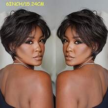 女士分层短直精灵剪裁真人发假发带刘海 - 1B/30/60 混合颜色（金色/棕色/黑色），雷米秘鲁头发，玫瑰网帽带来自然舒适感，机器制造的优雅风格适合日常佩戴、派对、万圣节和圣诞节 - 适合所有头型（适合）、派对发型、时尚配饰