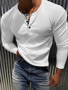 New Men's Casual Classic Ribbed Texture Henley Neck All-Match Versatile Long Sleeve T-Shirt, Fall