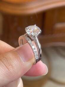 XUJIA 1 Set Of 925 Sterling Silver Wedding Anniversary Round Cut 8mm & 2mm Moissanite Women's Four-Claw Wedding Ring Set