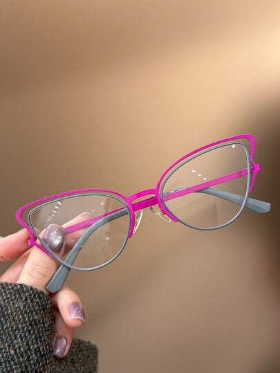 1 pieza Gafas de metal con diseño de ojo de gato hueco y bloqueo de color, con diseño de marco de mariposa, de moda para adolescentes, anti-fatiga ocular para computadora, TV, juegos, teléfono inteligente, lentes transparentes de moda