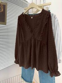 大码女式春季时尚休闲纯色提花荷叶边V领泡泡袖收腰上衣，适合约会、外出、婚礼、春季穿着、斋月等场合。 - 棕色 - 查看 6