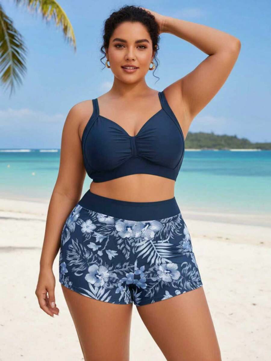 Swim Lushoire 加大码两件套女式吊带背心V领抽绳纯色平角泳裤泳装,适合泳池、海滩、夏季度假 - 彩色 - 查看 1