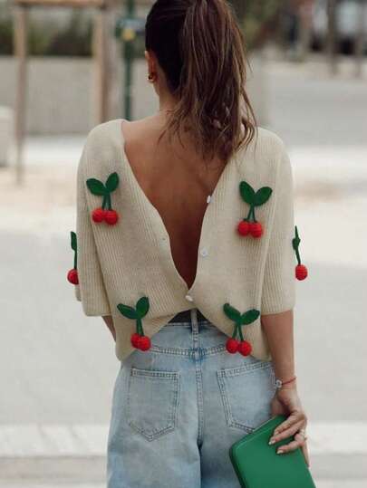 Women's New Style Fashionable Light Khaki Round Neck Button Down 3D Cherry Knit Exquisite And Elegant Loose Three-Quarter Sleeve Cardigan, Soft Comfortable Cute Casual Daily Versatile Back To School Suitable For Multiple Scenes Can Be Reversed Reversible Short Y2k Knit Sweater, Summer Fall Winter