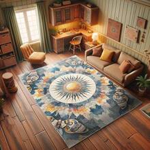 Retro Mid Century Abstract Pattern Rug On Ivory Background, Dark Orange And Reseda Green, 4' X 5' 5", Ideal For Bedroom, Dorm And Living Room - Biru Abu-abu Aprikot Beige - View 6