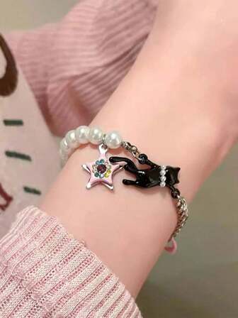 1pc Women's Fashionable & Cute Black Cat & Star Rhinestone Faux Pearl Bracelet, Suitable For Daily Wear (Star Position & Rhinestone Color Random)