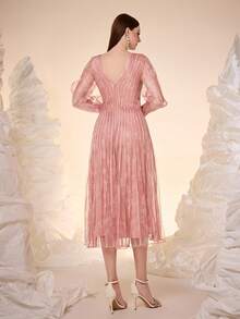 Mgiacy,New Arrival,V-Neck, Printed Mesh, Drawstring, Lantern Sleeves, Large Hem, High-End, Evening Dress,For,Dinner Parties - Pink - View 2