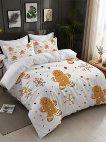 3pcs Christmas Cute Gingerbread People Pattern Print Duvet Cover Set (1*Duvet Cover + 2*Pillowcase, Without Core), Lighting Up The Colorful Atmosphere Of The Festival, Snowflakes And Colorful Dots Dance Together, Creating A Sweet Atmosphere, Christmas Theme, Winter Christmas, Soothing Visual Fatigue, Suitable For All Seasons, Suitable For Hotel, Bedroom, Guest Room And Dormitory Decoration Bedding