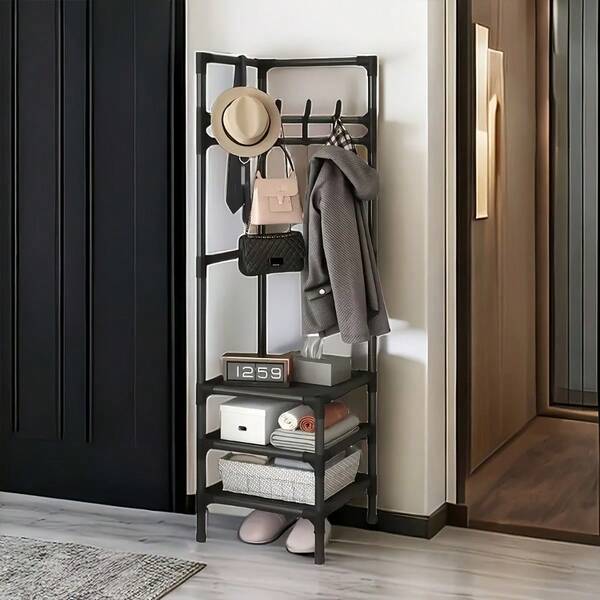 Perchero de pie de 2/3 niveles con gabinete para zapatos - Organizador multifuncional moderno de metal y plástico, adecuado para la entrada, el dormitorio o la residencia estudiantil, diseño portátil con barras y estantes colgantes, almacenamiento de entrada, apariencia elegante, construcción resistente
