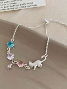 1pc Women's Fashionable Elegant Cute Cat Colorful Rhinestone Chain Bracelet, Suitable For Daily Wear