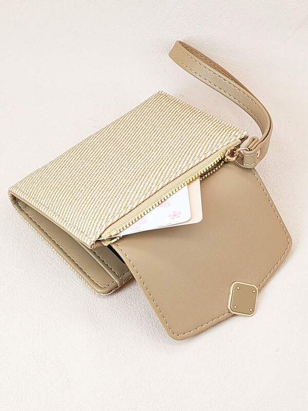 Women's Short Contrast Color Patchwork Wallet, Fashion Leopard & Wood Grain Multi-Function Card Holder Pouch, Elegant Snap Closure Large Capacity Zipper Coin Purse For Young Students, Convenient Lightweight Stylish Gift