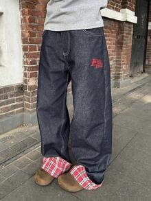 American Retro Plaid Patchwork Jeans - Unisex Wide Leg Straight Denim Pants For Summer - Kẻ sọc đỏ - Xem 2