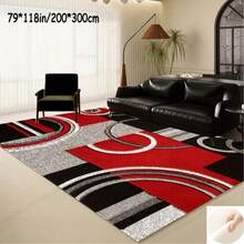 1pc Washable Carpet, Modern Geometric Pattern, Suitable For Living Room, Bedroom, Office, Striped & Circular Design, Contemporary Distressed Style, Low Pile, Neutral Soft, Patchwork Square Pattern, Navy Blue/Grey - Multicolor - View 19