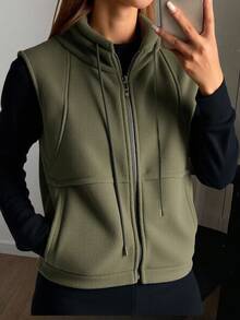 Livesso Women's Solid Color Zip-Up Funnel Neck Sleeveless Jacket, Autumn/Winter,Fleece Lined - Green - View 1