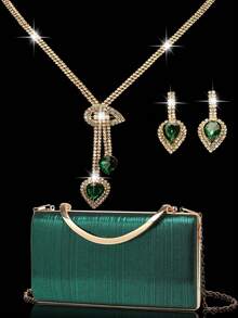 Ladies' Diamond Jewelry Sparkling Luxury Water Diamond Jewelry Set Sparkling Necklace Earrings Bracelet Set Personalized Satin Silk Box Bag Handbag Fashion Banquet Bag Handheld Banquet Bag Handheld Wallet Elegant Handheld Banquet Bag Ladies' Ball Handbag Ladies' Bridal Banquet Bag Ball Handbag Metal Chain Handbag Wedding Party Handbag Cocktail Party Wedding New Wallet Banquet Bag - Green - View 19