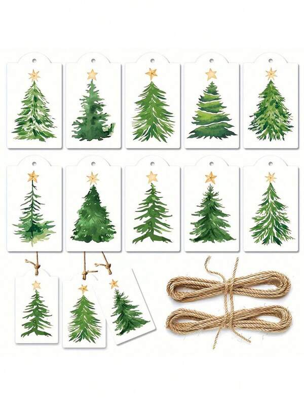 Christmas Watercolor Pine Tree Gift Tags With Golden Stars - Festive Holiday Hang Tags For Wrapping And Box Decoration, Rustic Gift Wrapping|Artistic Gift Tags|Natural Twine Tags, Christmas Style Design, Holiday Packaging, Durable Packaging, Christmas Decoration, Holiday Decor, 1pc/10pcs/60pcs