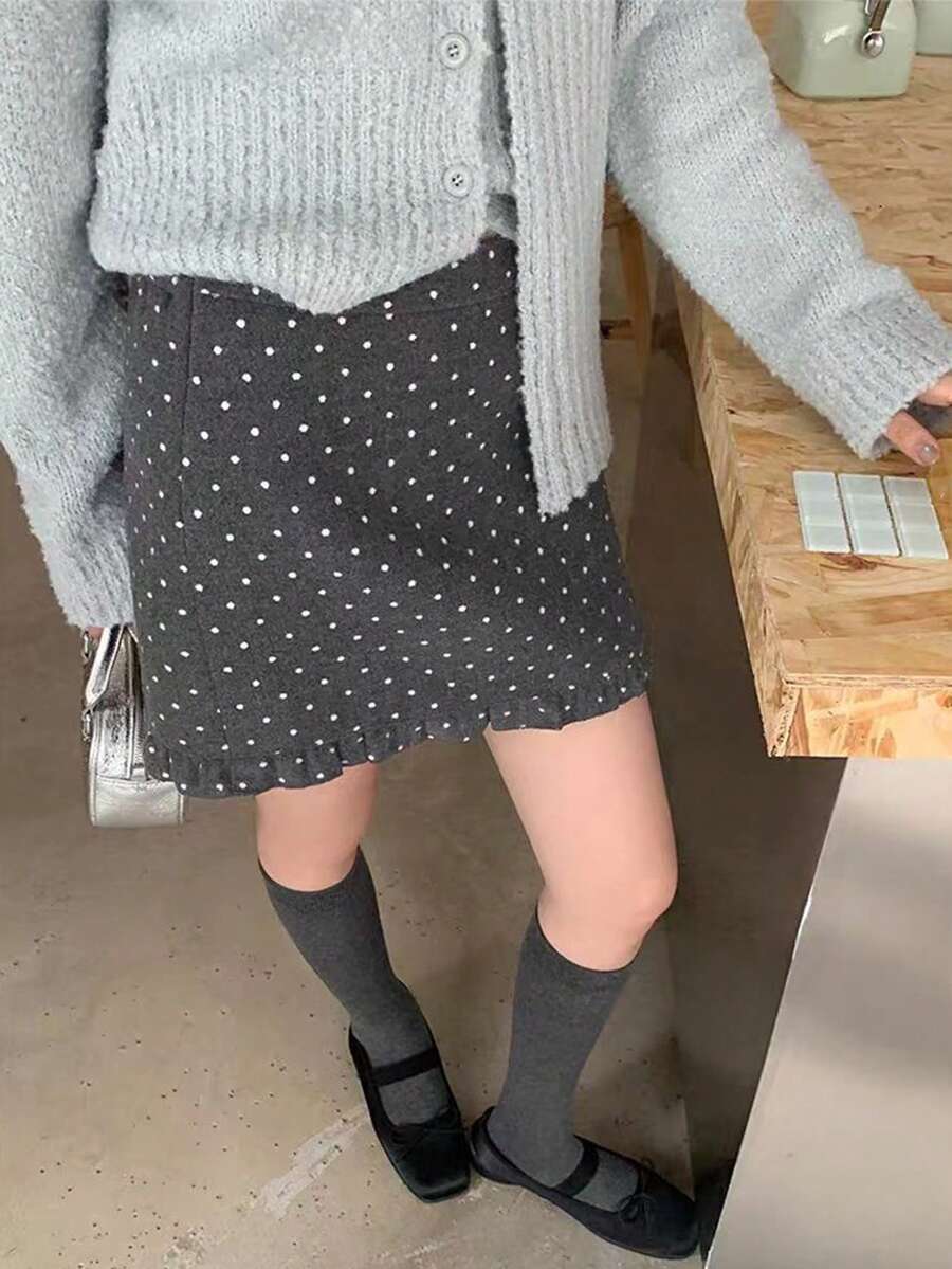 荷叶边波点A字羊毛混纺迷你裙,女士款,防走光,适合娇小身材,秋冬季(随机波点图案) - 灰色 - 查看 1