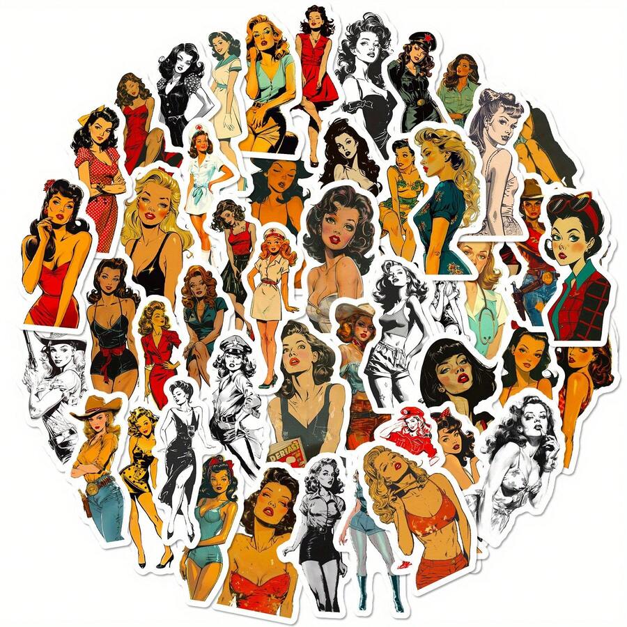 50PCS Retro Lady Graffiti Fun Stickers Aesthetic Decorative Water Bottles, Safety Hats, Luggage, Bicycles, Skateboards - Multicolor - View 1