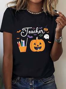 Camiseta Gráfica de Halloween y Agradecimiento a Maestras - Camisa Casual Sin Elástico con Diseños de Calabaza y Murciélago - Lavable a Máquina, Ropa Cómoda para Educadoras, Regalos de Fiestas de Acción de Gracias y Halloween, Celebración Estacional, Manga Corta, Tops Divertidos - Negro - Ver 2