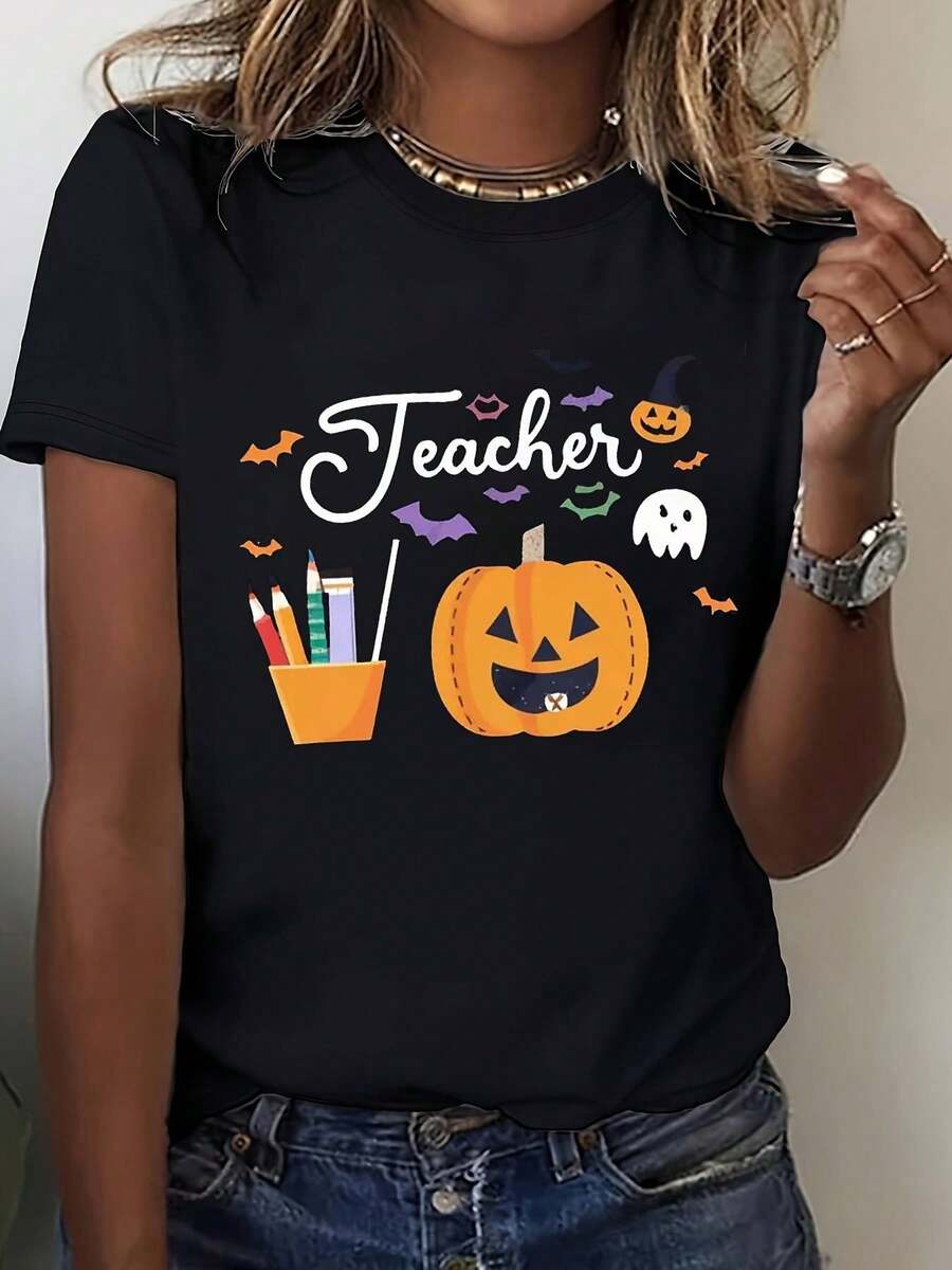 Camiseta Gráfica de Halloween y Agradecimiento a Maestras - Camisa Casual Sin Elástico con Diseños de Calabaza y Murciélago - Lavable a Máquina, Ropa Cómoda para Educadoras, Regalos de Fiestas de Acción de Gracias y Halloween, Celebración Estacional, Manga Corta, Tops Divertidos