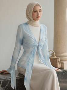 Muslimah Blouse,Bell Sleeve Blouse,Ladies' Elegant Temperament And Fashionable Shirt,Blue Top - Baby Blue - View 1
