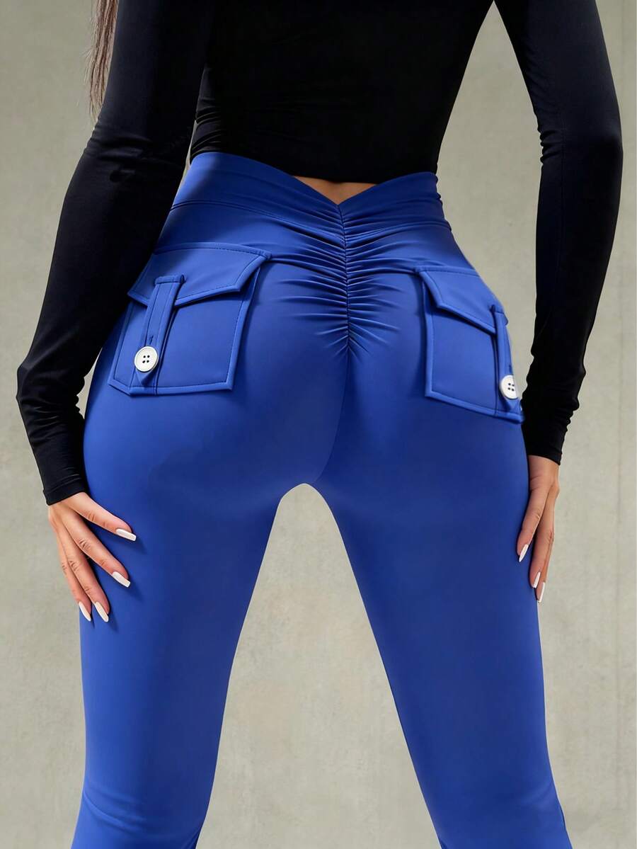 YEOREO Leggings With Pockets For Women V Back Scrunch Workout Leggings Tummy Control Butt Lifting Gym Yoga Leggings Yoga Pants For Women Winter Clothes For Women Black Pants - 克萊因藍 - 查看 1