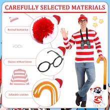 Conjunto de 5 piezas de disfraz de Wally para adultos, accesorios de disfraz y cosplay que incluyen camiseta a rayas rojas y blancas, gorro, gafas sin marco y muletas para el Día Mundial del Libro, Halloween y Navidad