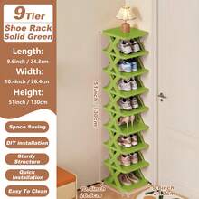 9/6 Tier Vertical Shoe Stand Space Saving Narrow Shoe Rack, Small Shoe Shelf, DIY Free Standing Shoes Storage Organizer For Entryway, Closet, Hallway, Easy Assembly And Stable In Structure, Black & White, Plastic Material, Consumables - Green - View 3