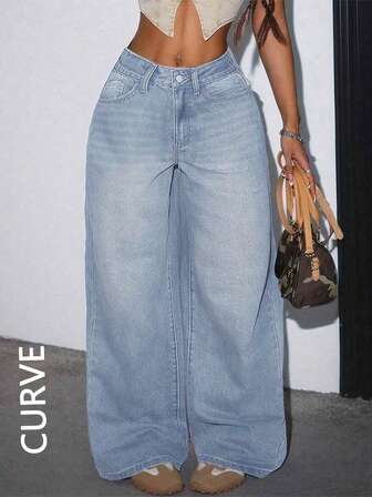 PLUS SIZE Women's Casual Loose-Fit Wide-Leg Denim Pants With Pockets For Daily Wear