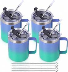 Volhoply - Taza de café con asa de acero inoxidable y aislamiento hermético, con tapa corrediza y popote, mantiene el frío y el caliente, tazas de campamento, 2 piezas, 355 ml, blanco - Violeta Verde - Ver 2