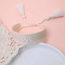 1pc Handmade Embroidered Love Letter Boho Tassel Braided Bracelet - Beige - View 4