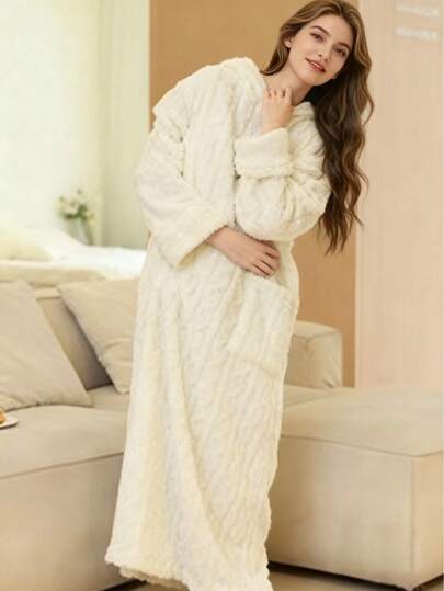 Camisón con capucha de color lila para mujer con bolsillos - Bata de manga larga de felpa coral suave, vestido de dormir acogedor de invierno para mujer, vestido de pijama, bata de dormir para mujer, batas de dormir para mujer, camisones de felpa para mujer, camisón cálido para mujer, camisones de invierno para mujer, batas de noche para mujer