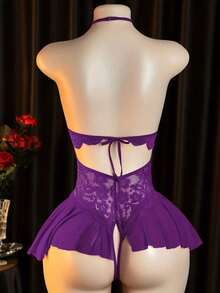 Sexy Lingerie Set - Women's Off-Shoulder Sexy Sleepwear, Hollow-Out Uniform Sexy Underwear - Purple - View 4