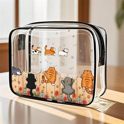 Bolsa de almacenamiento transparente con diseño de gato lindo para niñas - Organizador impermeable de PVC de gran capacidad con cremallera, apto para TSA para cosméticos/artículos de tocador de viaje, fácil de limpiar y duradero para almacenamiento de peluches de niños (diseño de gato atigrado y huella de pata)