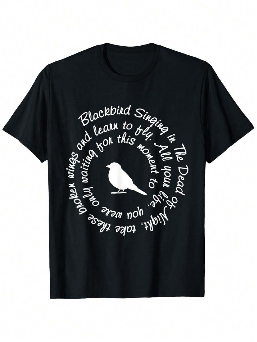 T-Shirt Doux Et Confortable Vintage Retro Avec Des Oiseaux Chantant Dans La Nuit Noire - Black - View 1