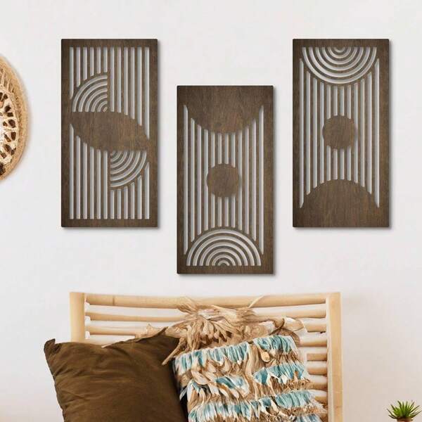 مجموعة 3 من أعمال الفن الجداري الخشبي الهندسي، ديكور جداري حديث بطابع القرن المنتصف، نحت جداري خشبي حديث لغرفة المعيشة والمكتب والممر، ديكور فني بخطوط بنية