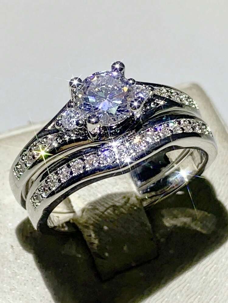 Set de 2 anillos de circonita cúbica para mujer como regalo de San Valentín, joyería para boda y aniversario - Plateado - Añade 11