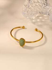 1 Peça Bracelete Oval de Pedra Preciosa Verde em Aço Inoxidável, Bracelete Aberto Banhado a Ouro 18K, Joias Femininas, Estilo Vintage Boêmio, Presente para Festa na Praia