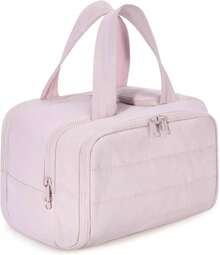 Travel Toiletry Bag, Lightweight Large Wide-Open Travel Bag For Women, Puffy Cosmetic Makeup Bag Organizer With Handle For Accessories,Essentials, Toiletries, Pink - 粉色 - 查看 1