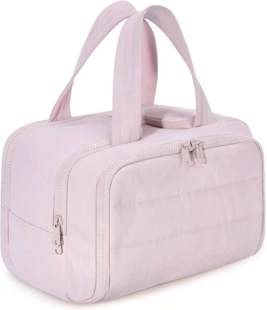 Travel Toiletry Bag, Lightweight Large Wide-Open Travel Bag For Women, Puffy Cosmetic Makeup Bag Organizer With Handle For Accessories,Essentials, Toiletries, Pink - 粉色 - 查看 1
