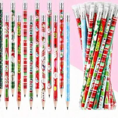 12 Weihnachts-Bleistifte, Weihnachts-Lineal, zufällige Farben und Muster, HB-Bleistifte mit Radiergummi, geeignet als Weihnachts-Strumpffüller oder Geschenke für Freunde und Klassenkameraden