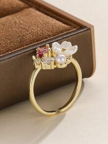 1 pieza Anillo de mujer con diseño único de mariposa y flor con micro-incrustaciones de circonita, joyería de dedo dulce