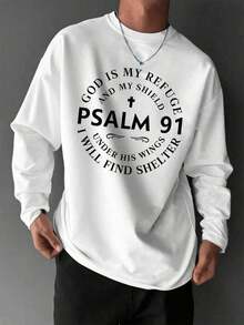 Men'S Round Neck Printed Long-Sleeved T-Shirt, Men's Psalm 91 Graphic Print Long Sleeve T-Shirt - Cotton Crewneck Religious Bible Verse Apparel With "God Is My Refuge And Shield" Inspirational Design, Comfortable Casual Christian Faith-Based Tee For Daily Wear(280 Gsm) - 白色 - 查看 1